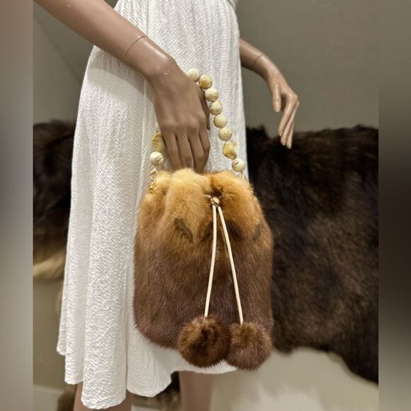 Brown Gradient Real Mink Fur Handmade Drawstring Bucket Bag Includes 2 Straps - Picture 2 of 16